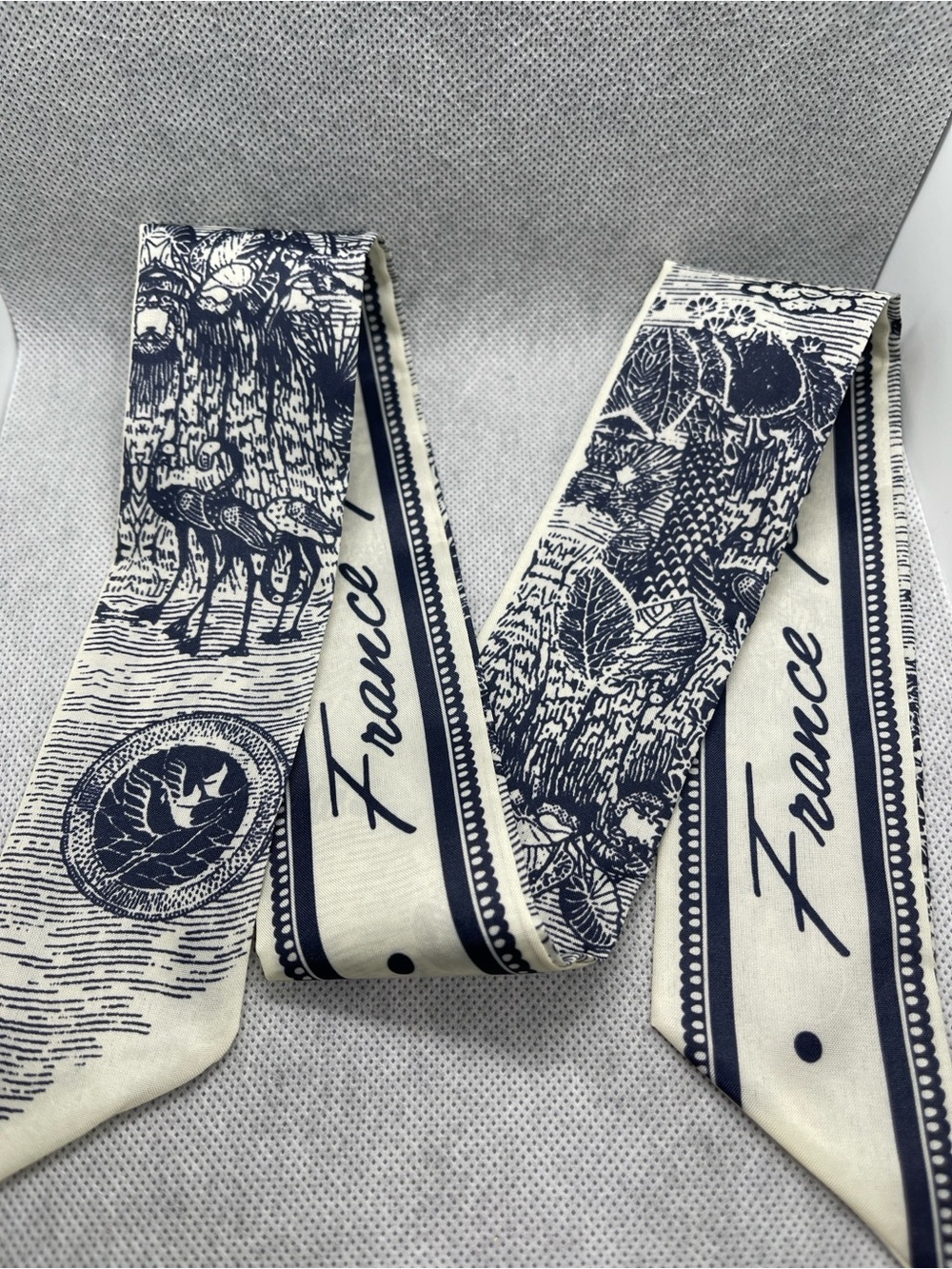 France Printed Twilly Scarf in Navy and Cream